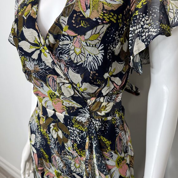 Tanya Taylor Blaire Printed Linen-Silk Midi Faux-Wrap Dress Maritime Blue Multi - Picture 6 of 16